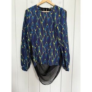 Winter Kate Top XS 100% Silk Chiffon Blue Black Abstract Print L/S Y2K Button
